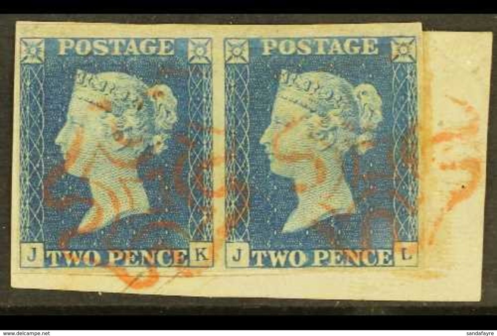 1840 2d Pale Blue HORIZONTAL PAIR, Lettered "J K - J L", Plate 1, SG 6, Fine Used With Four Margins All Round, And Tied  - Andere & Zonder Classificatie