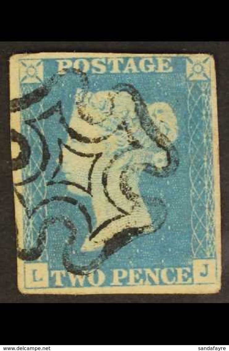 1840 2d Pale Blue, "L J" Plate 1, SG 6, Very Fine Used With Clear Strike Of Black MX Cancel, Tiny Corner Thin, Four Marg - Andere & Zonder Classificatie
