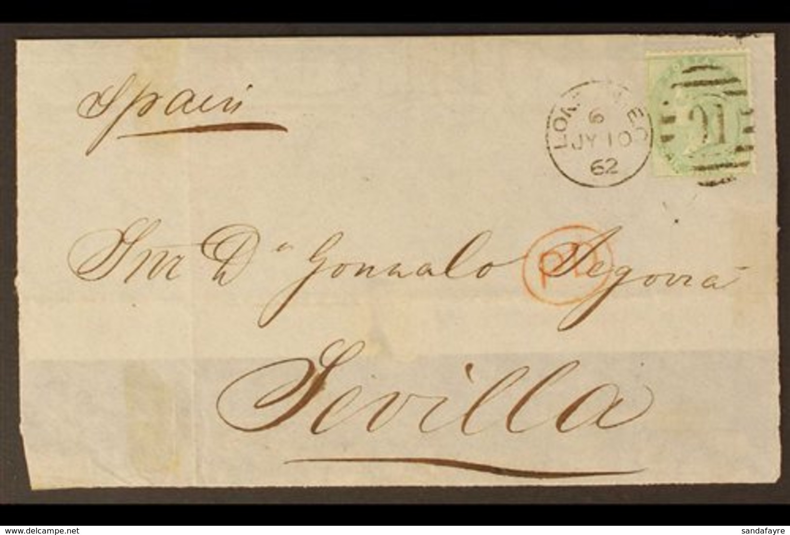 1862 1s Pale Green, No Corner Letters, Used On Part Entire To Spain, SG 73, Cancelled By Light, LONDON Duplex Postmark,  - Otros & Sin Clasificación