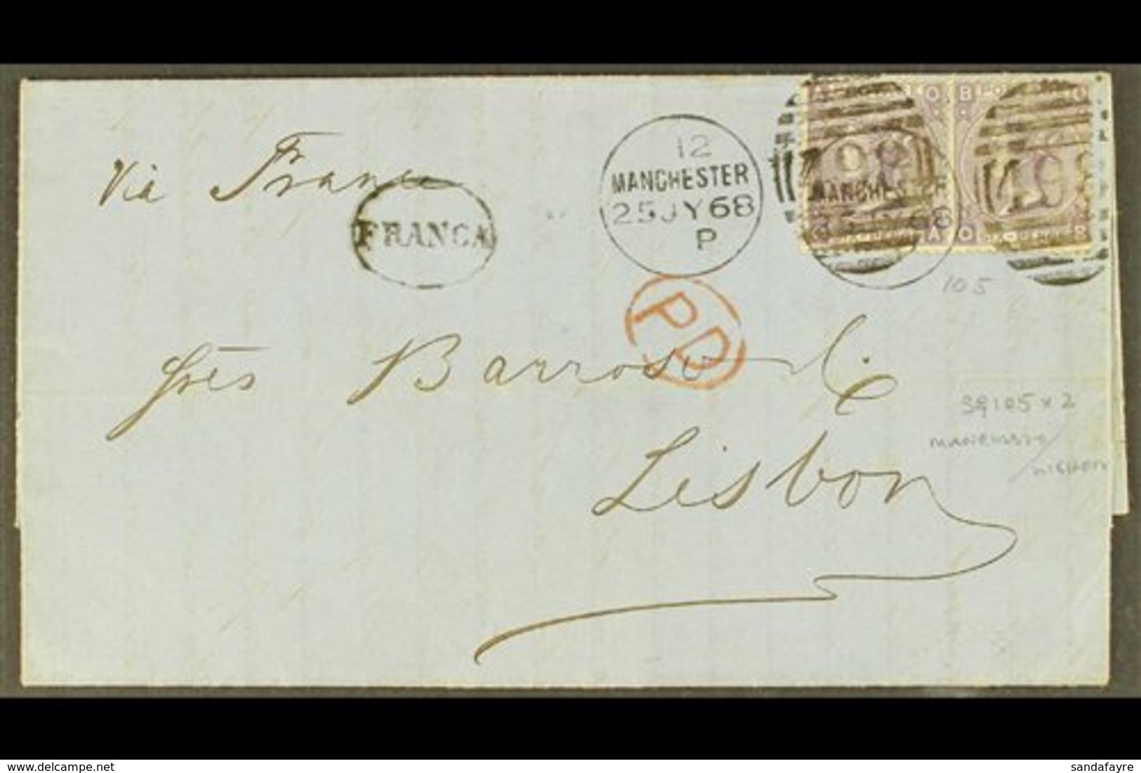 1868 (July) 6d Lilac, Plate 6 Pair, Used On Entire To Lisbon, SG 104, Manchester Duplex Cancels, Clean & Fine. For More  - Sonstige & Ohne Zuordnung