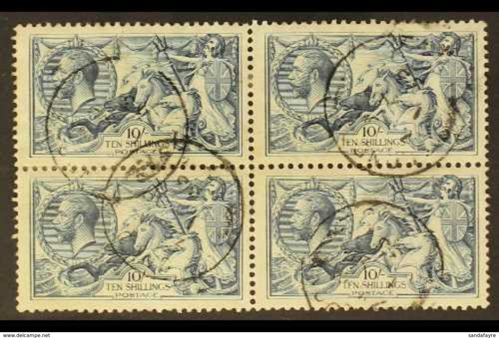 1918-19 10s Dull Grey-blue Seahorse, B.W. Printing, BLOCK OF FOUR, SG 417, Fine Used With C.d.s. Postmarks, Some Hinge R - Ohne Zuordnung