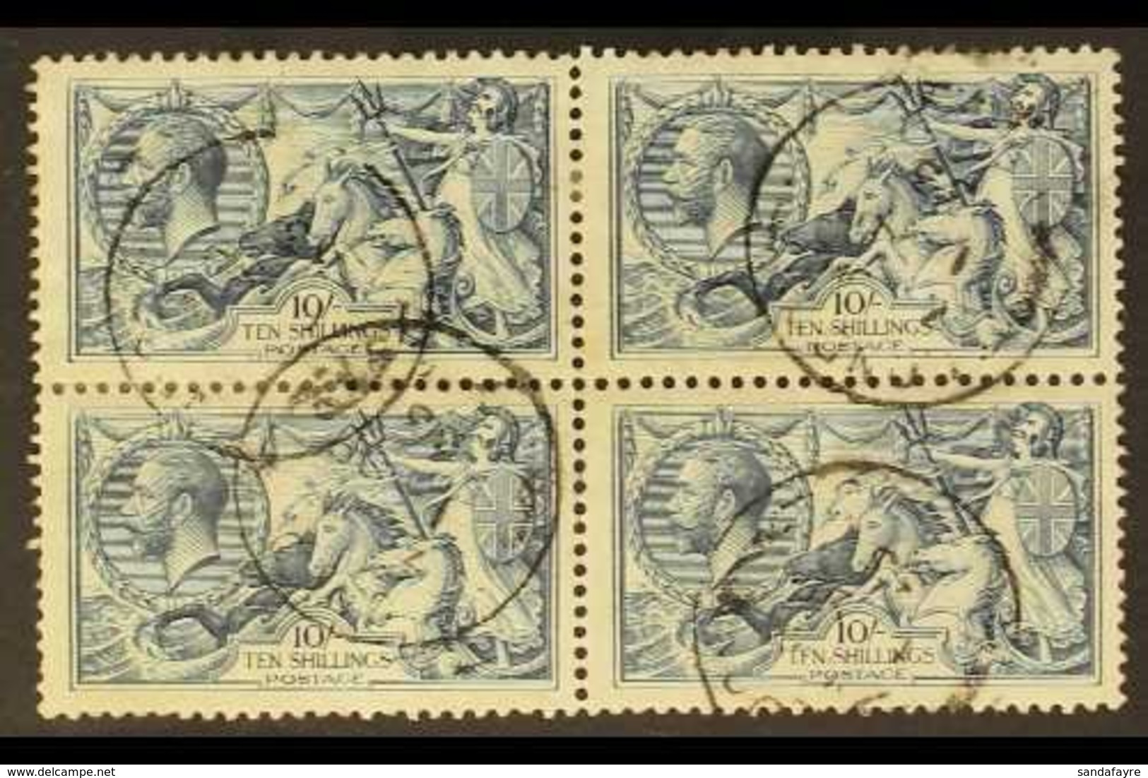 1918-19 10s Dull Grey-blue Seahorse, B.W. Printing, BLOCK OF FOUR, SG 417, Fine Used With C.d.s. Postmarks, Some Hinge R - Sin Clasificación