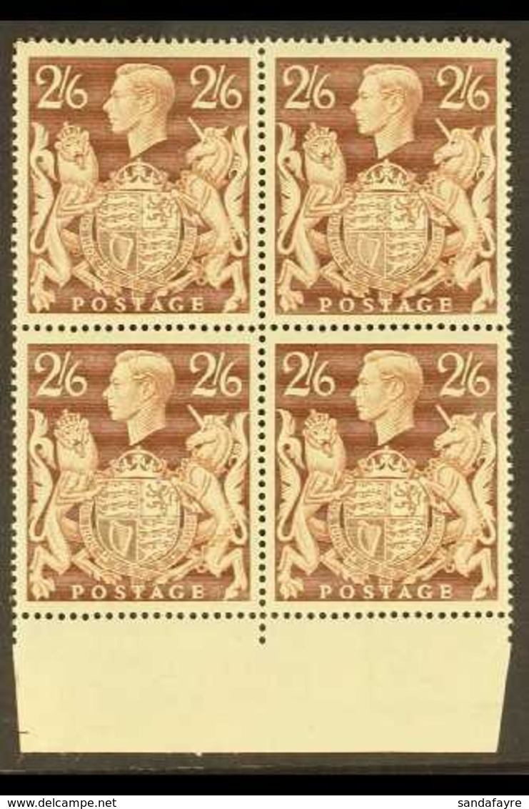 1939 2s6d Brown With "GASHED CROWN" In Block Of Four, SG 476+476ac, Never Hinged Mint With Sheet Margin At Base (block 4 - Ohne Zuordnung