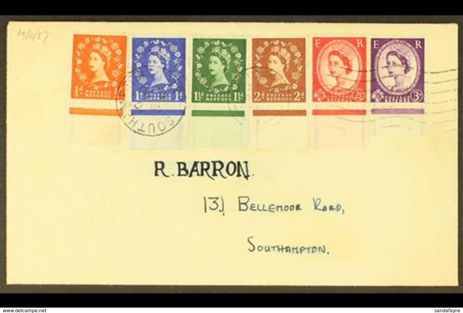 1957 (19th November) Plain Cover Bearing Graphite Lines Wilding Definitives Complete Set Of Six, Each Lower Marginal Exa - FDC