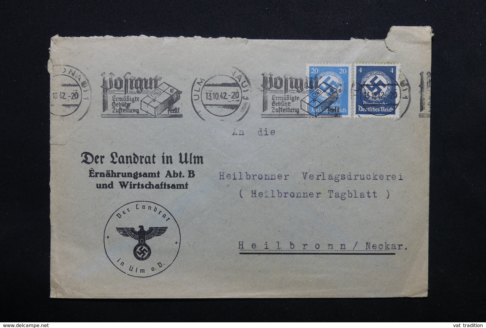 ALLEMAGNE - Enveloppe Commerciale De Ulm Pour Heilbronn En 1942 , Affranchissement Plaisant - L 24752 - Service