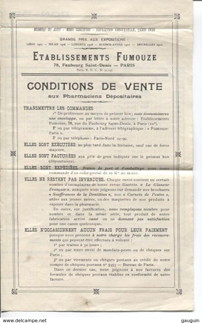 Plaquette Commerciale - TARIF - Ets FUMOUZE - PARIS 10è Ar. - Produits Pharmaceutiques - Autres & Non Classés