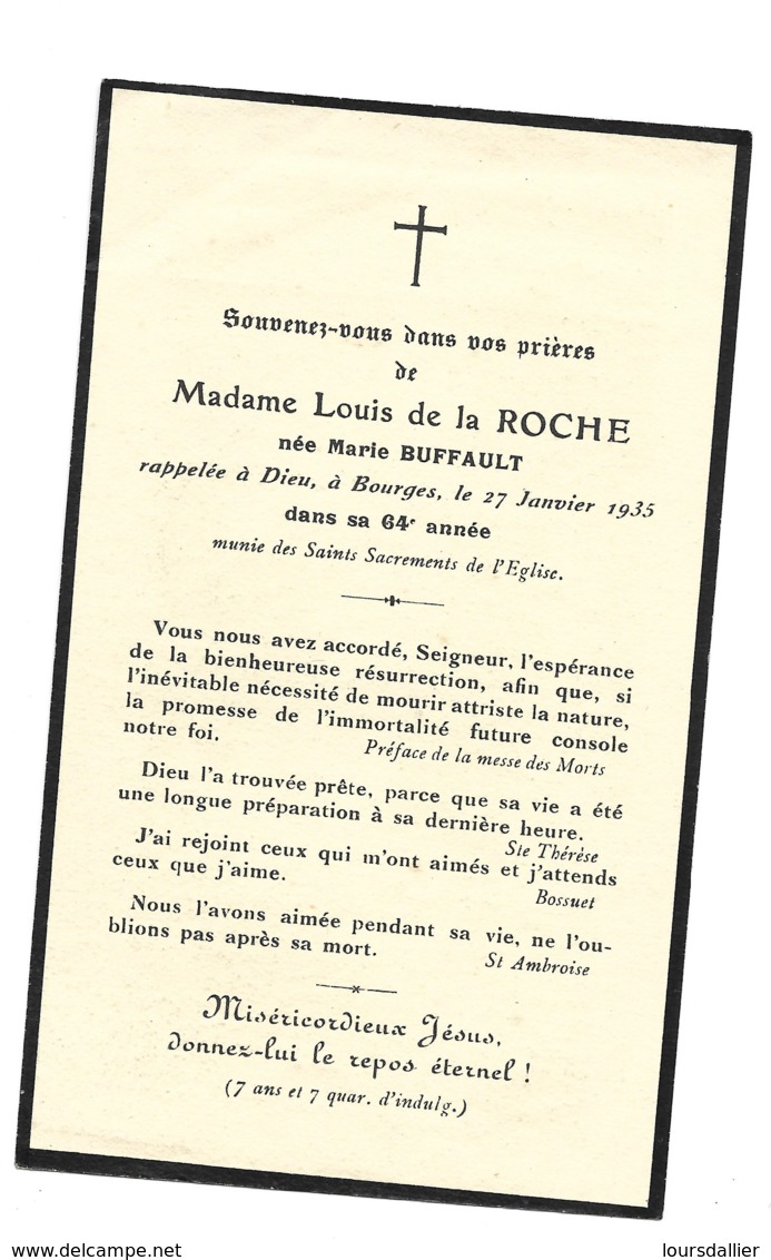 Faire Part Décès Madame Louis De La ROCHE Née Marie BUFFAULT à Bourges 27 Janvier 1935   2 - Décès