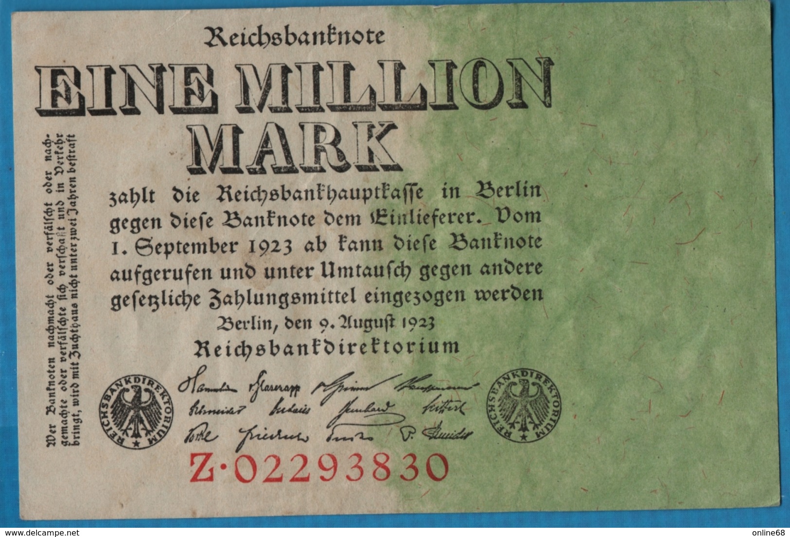 DEUTSCHES REICH 1 MILLION MARK 09.08.1923 Serie Z.02293830 P# 101 - 1 Mio. Mark