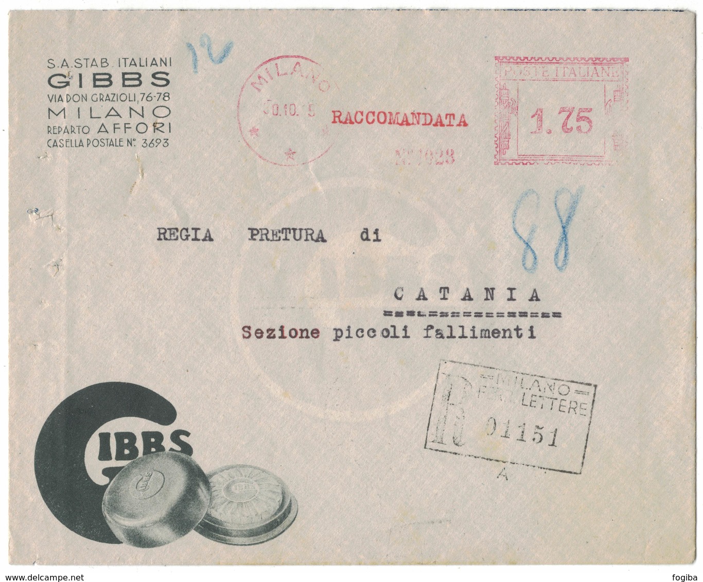 YN148   Regno 1935 Annullo Meccanico Rosso Su Busta Pubblicitaria GIBBS Milano Racc. £.1,75 Per Catania - Storia Postale