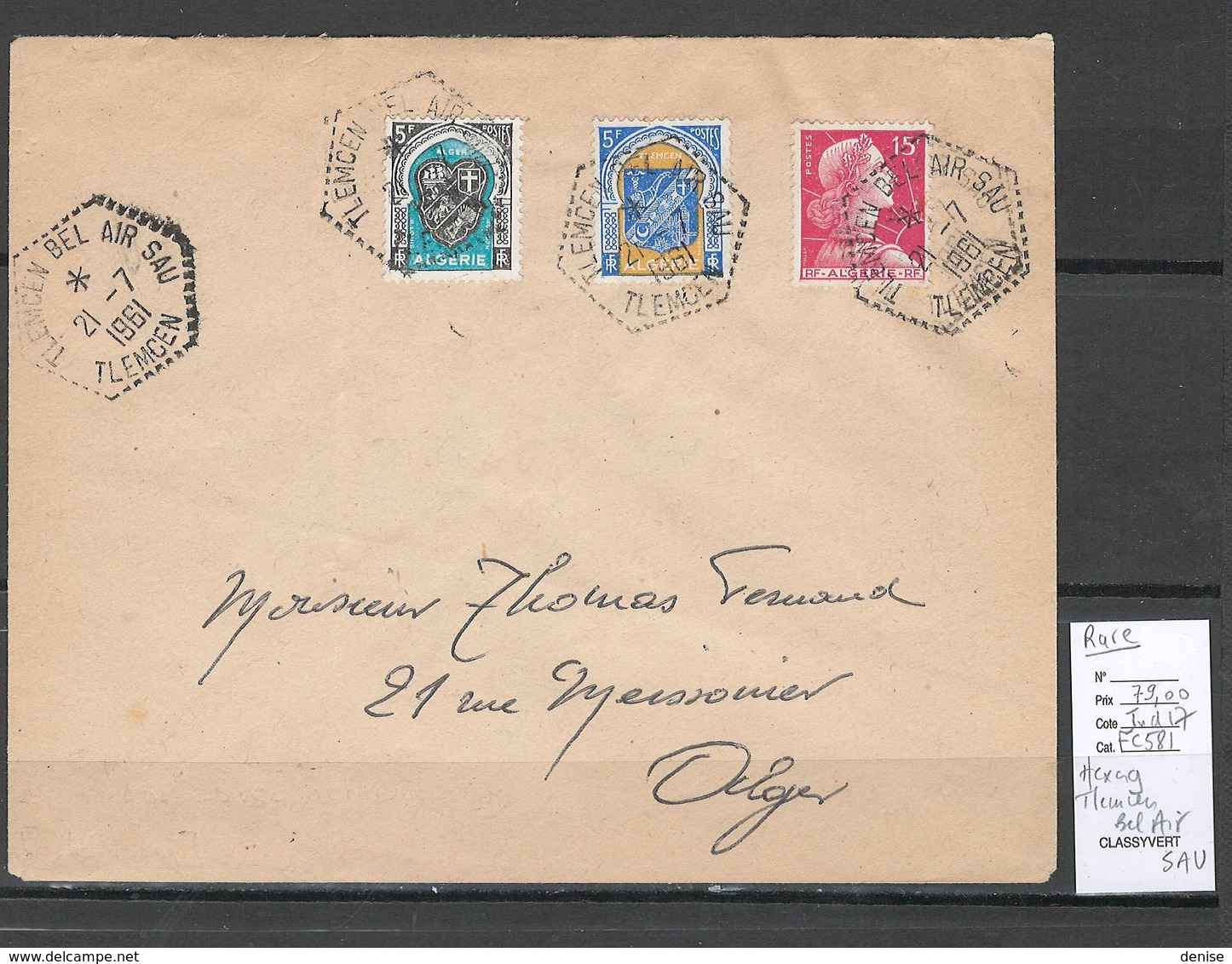 Algerie - Lettre  - Cachet Hexagonal TLEMCEN BEL AIR SAU - Marcophilie - Lettres & Documents