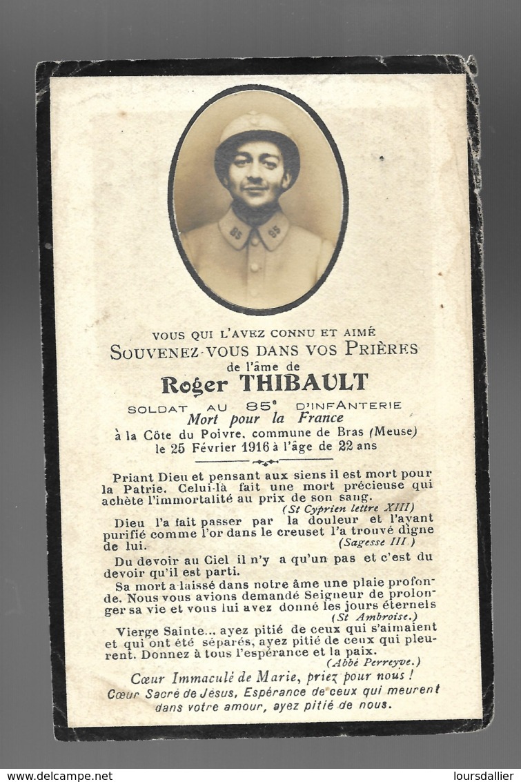 Faire Part Décès Roger THIBAULT à La Côte Du Poivre Commune Bras (Meuse) 25 2 1916 Mort Pour La France  6 - Décès
