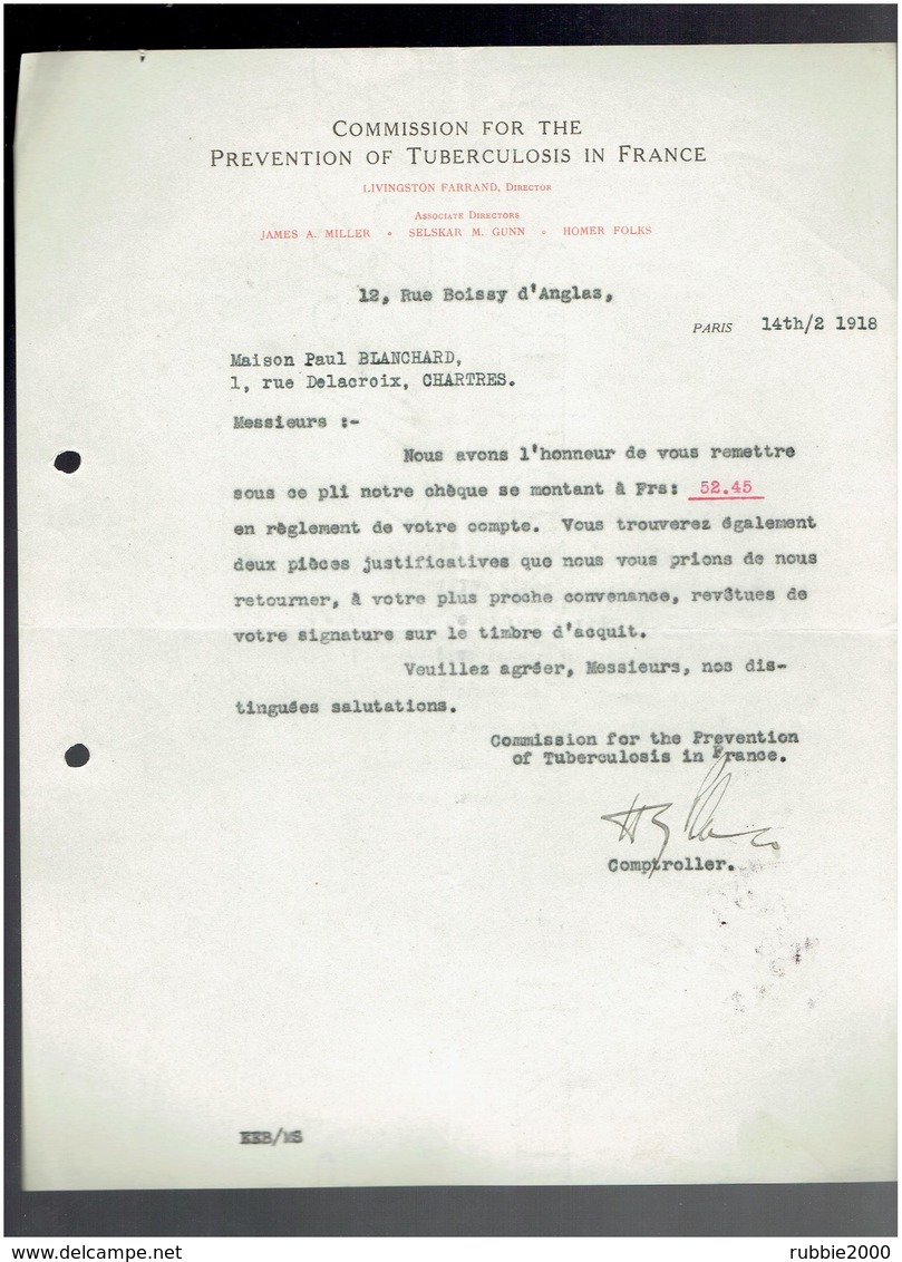 COMMISSION DE LA PREVENTION DE LA TUBERCULOSE EN FRANCE 1918 BUREAU 12 RUE BOISSY D ANGLAS A PARIS - 1900 – 1949