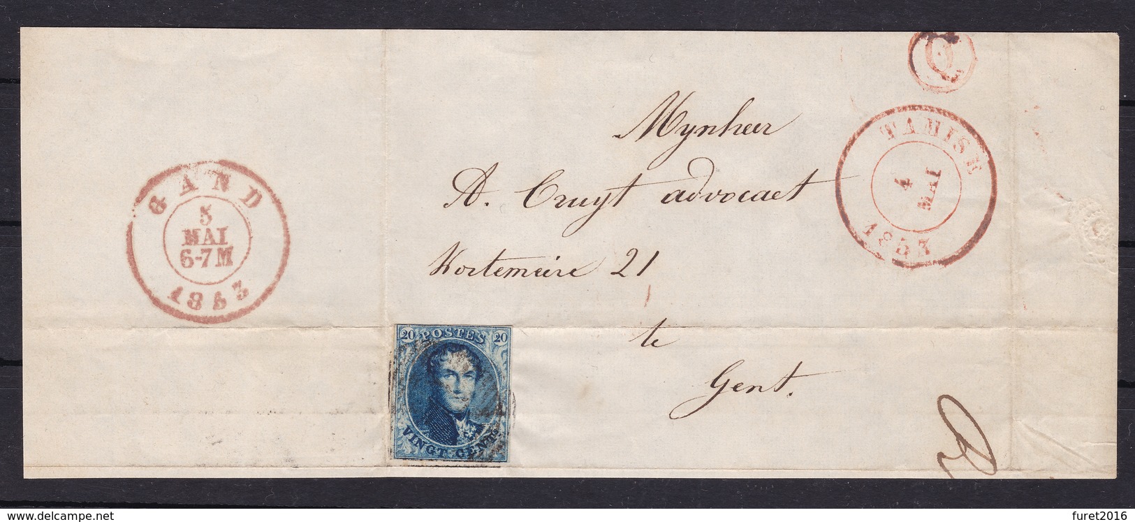 Fragment De Lettre BOITE De Levée  Q  De Tamise Vers Gand 5 Mai 1853 - 1851-1857 Medallones (6/8)