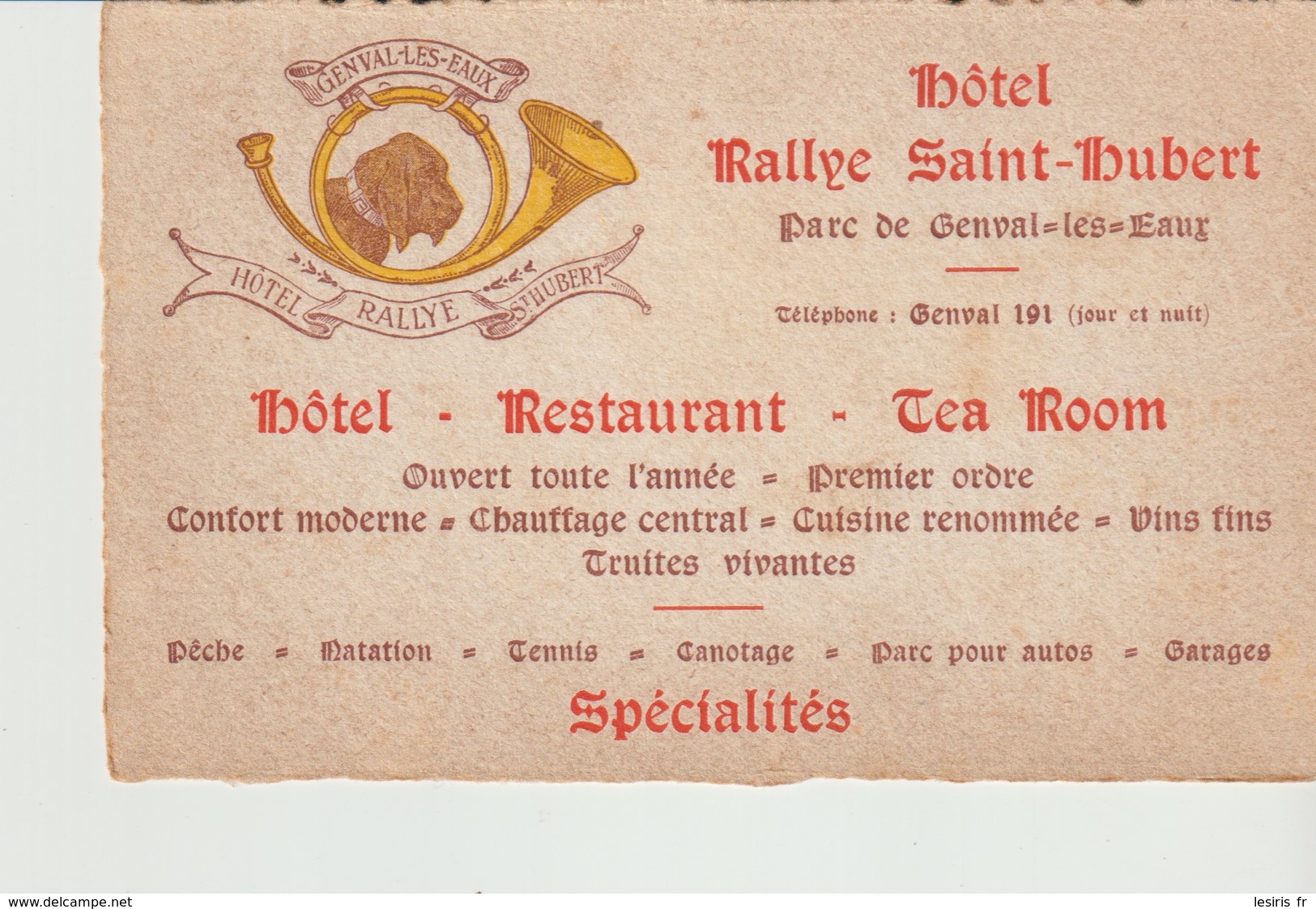 HOTEL RALLYE SAINT HUBERT - PARC DE GENVAL LES EAUX - RESTAURANT - TEA ROOM - PÈCHE - NATATION - TENNIS - CANOTAGE - GAR - Publicités