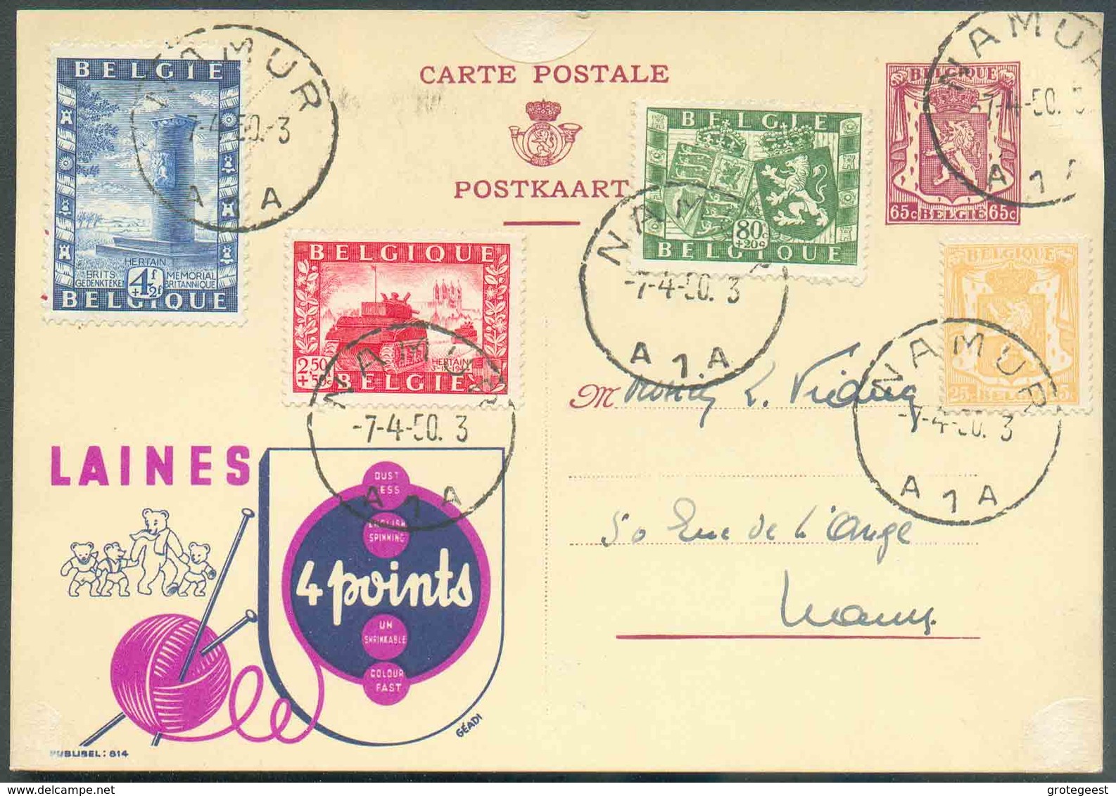 N°710-823/825 - UNION BELGO-BRITANNIQUE En Affr. Compl. S/E.P. Carte Publibel 814 (Laines 4 Points) 65 Centimes Obl. Sc - Briefkaarten 1934-1951