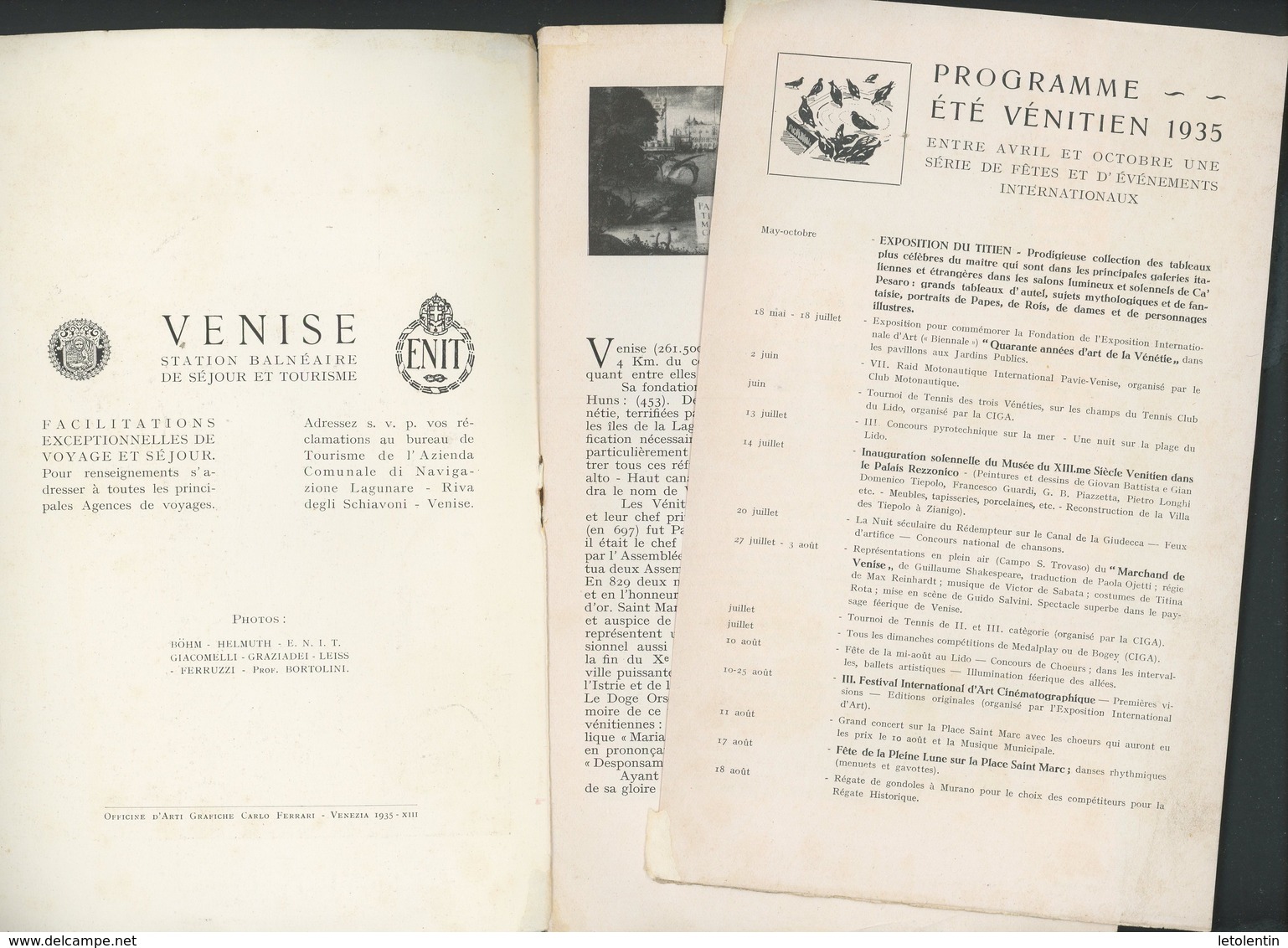 GUIDE TOURISTIQUE DE VENISE AVEC CARTE ET PROGRAMME DE L'ÉTÉ 1935 - AVEC TARIF DES LIGNES DE BATEAUX ET GONDOLES - Programs