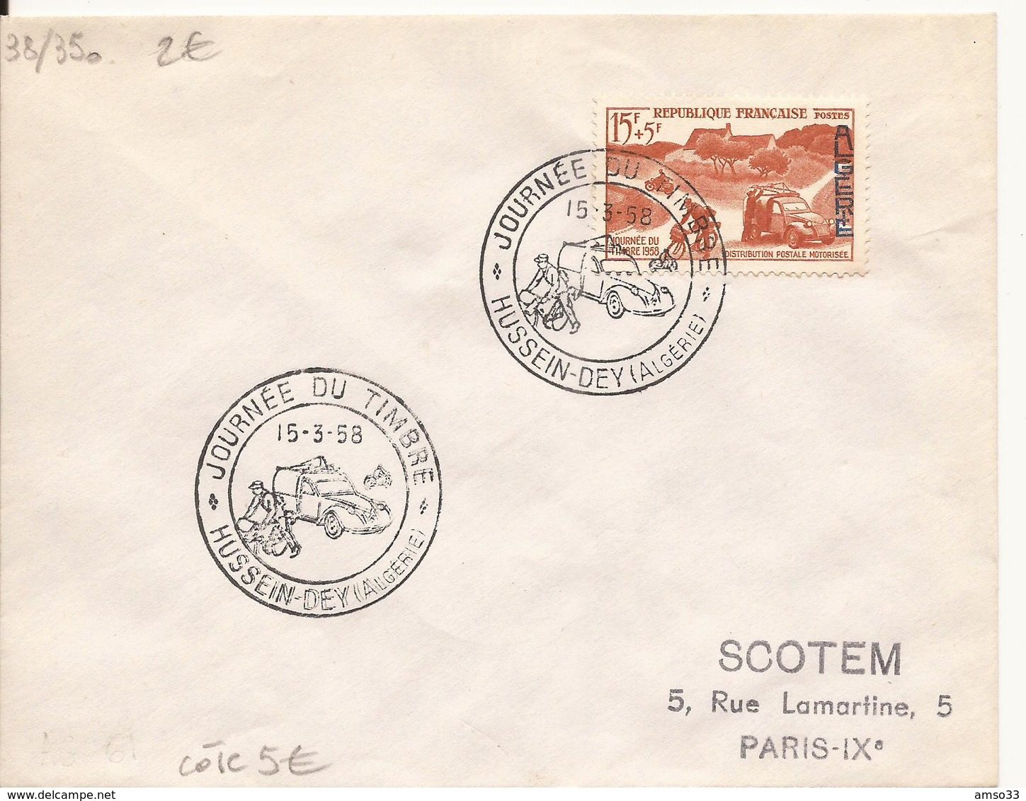 ALGERIE ENVELOPPE JOURNEE DU TIMBRE DISTRIBUTION POSTALE MOTORISEE HUSSEIN-DEY 1958 - Lettres & Documents