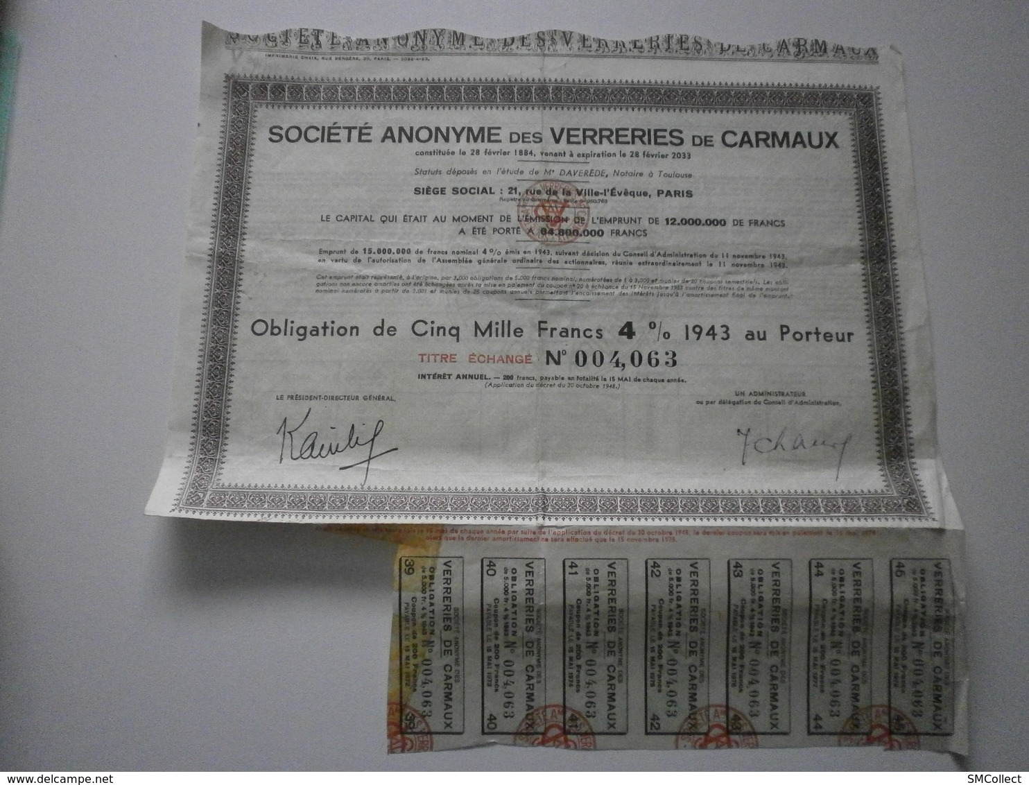 Verreries De Carmaux. Obligation De 5000 Francs 1943 - Autres & Non Classés