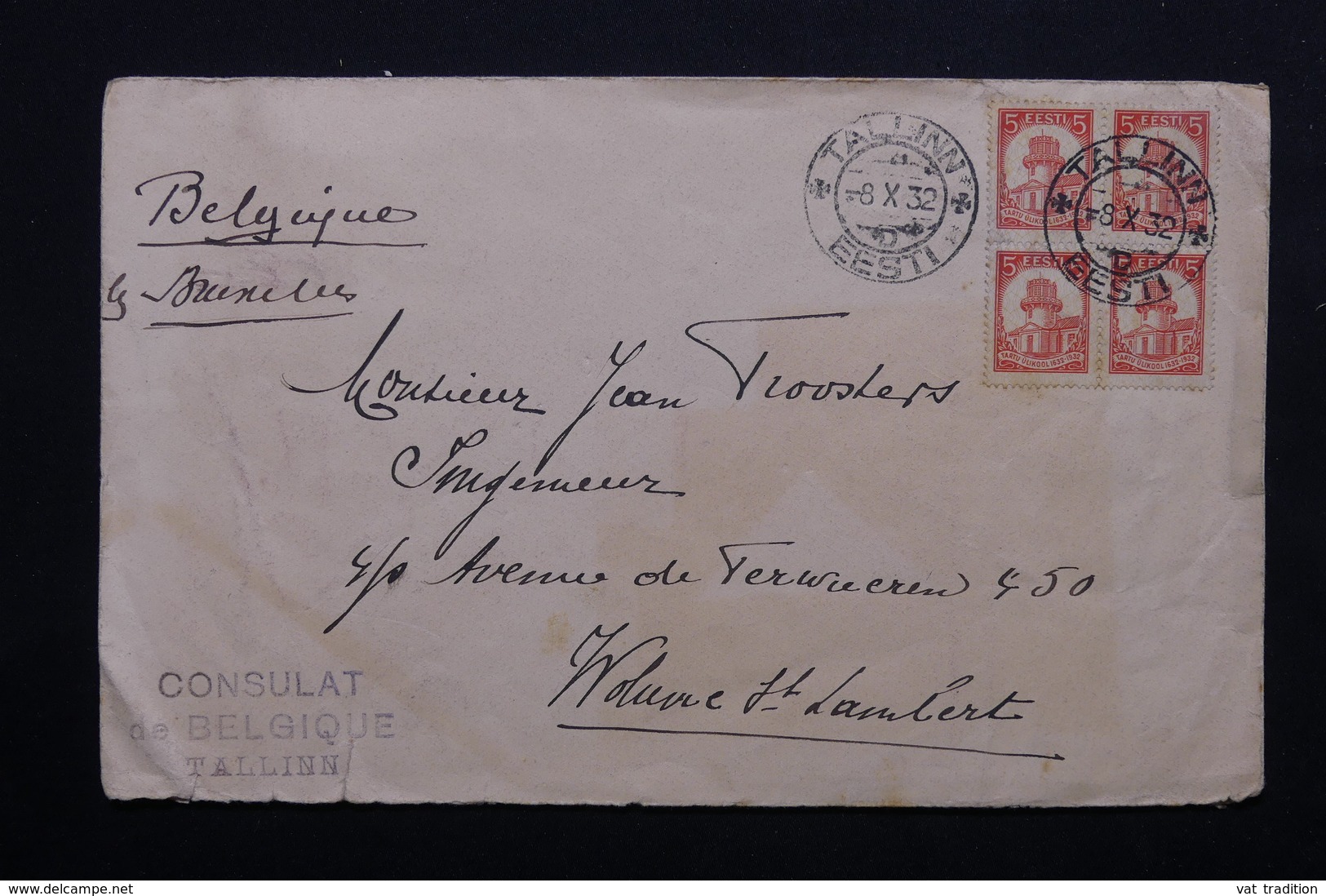 ESTONIE - Enveloppe Du Consulat De Belgique De Tallinn Pour Bruxelles En 1932 , Affranchissement Bloc De 4 - L 24759 - Estonie