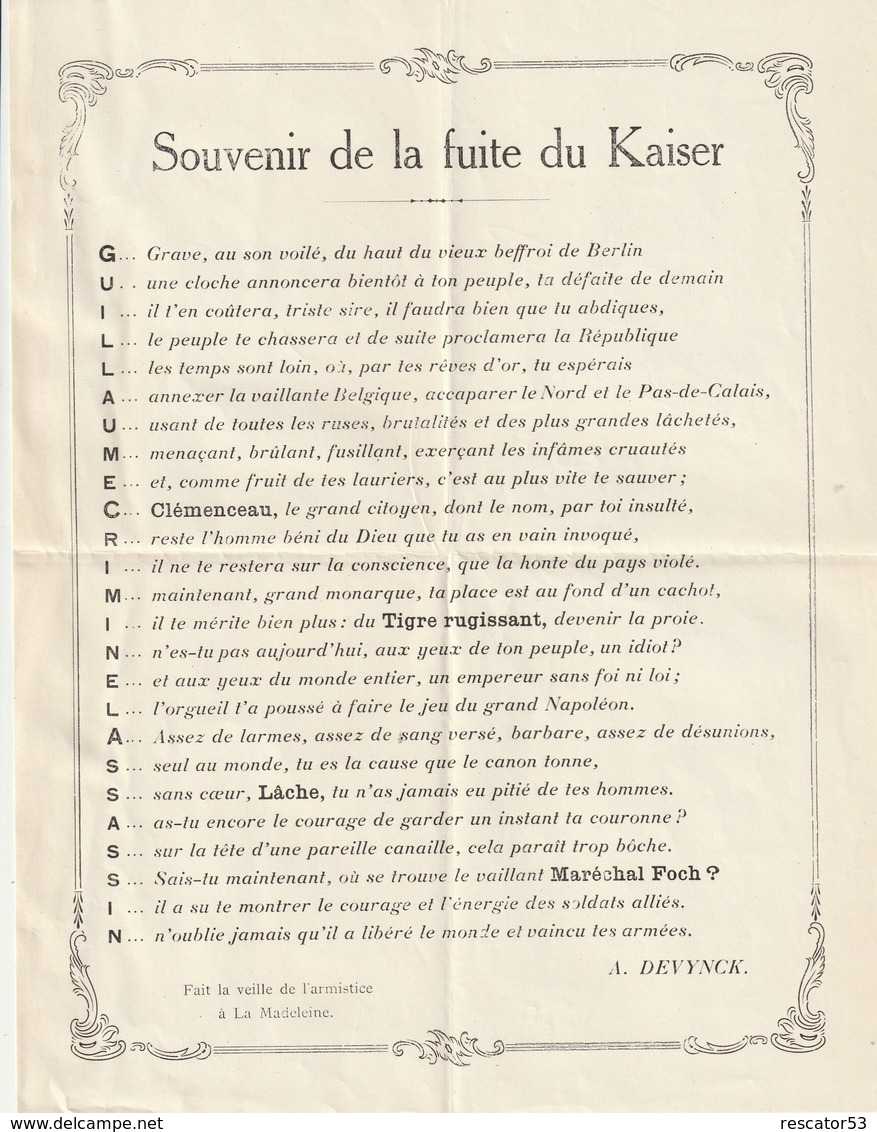 Rare Texte Fait La Veille Du 11 Novembre 1918 Souvenir De La Fuite Du Kaiser - 1914-18