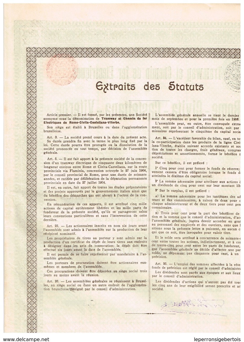 Titre Ancien - Tramways Et Chemin De Fer Electrique De Rome - Civita - Castellana - Viterbe - Titre De 1907 - Chemin De Fer & Tramway