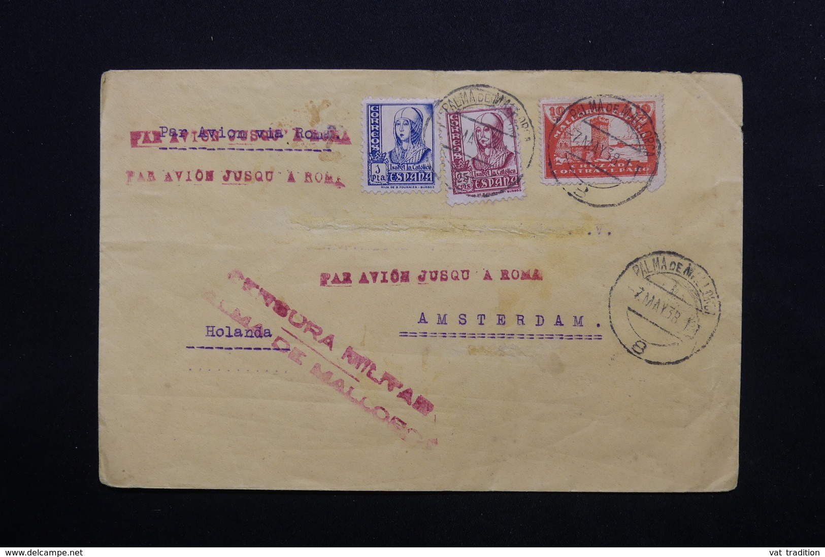 ESPAGNE - Enveloppe De Mallorca Pour Amsterdam En 1938 Avec Censure Militaire , Affranchissement Plaisant - L 24765 - Republikeinse Censuur