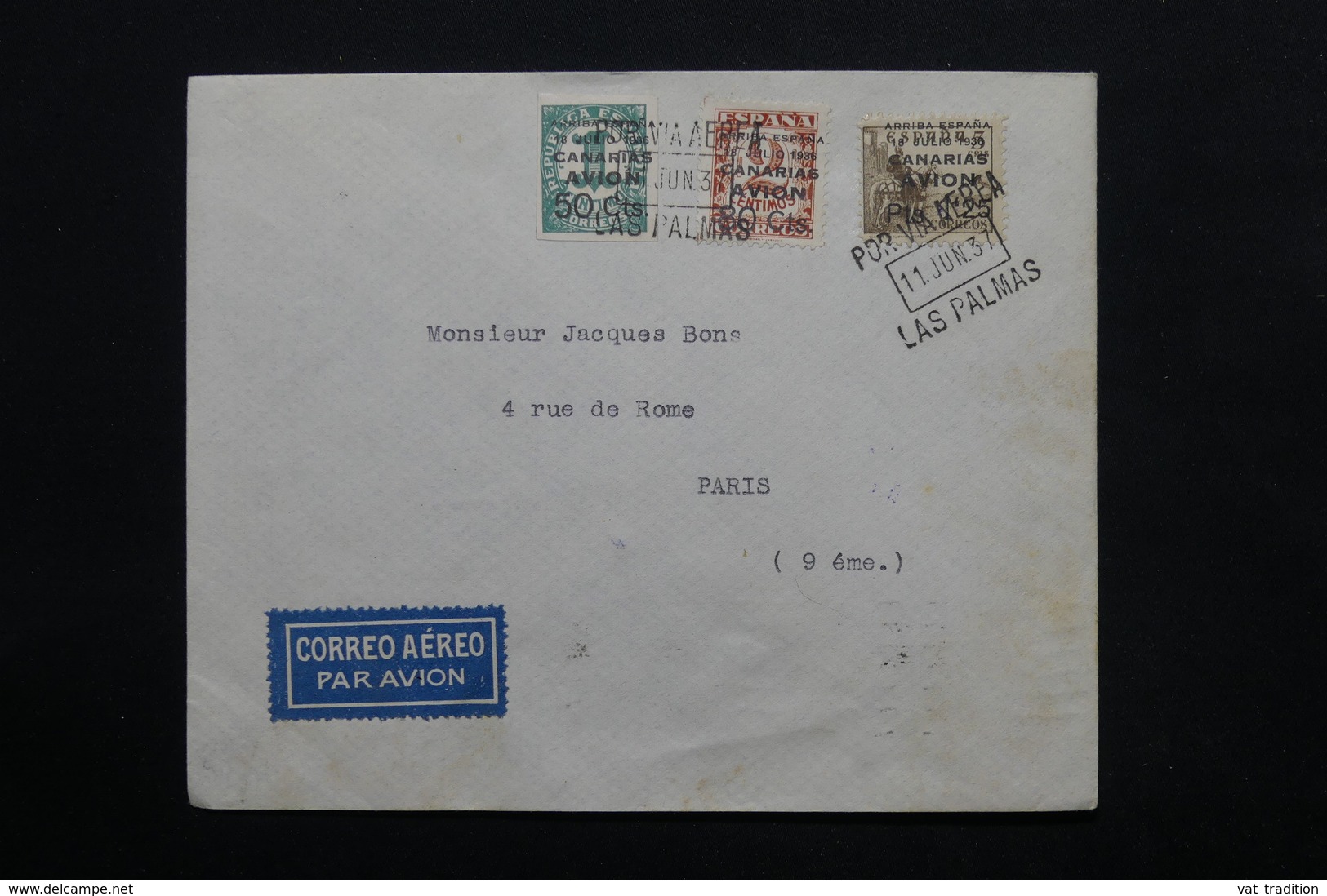 ESPAGNE - Enveloppe Par Avion De Las Palma En 1937 Pour Paris, Cachet De Censure Au Verso - L 24767 - Marques De Censures Républicaines