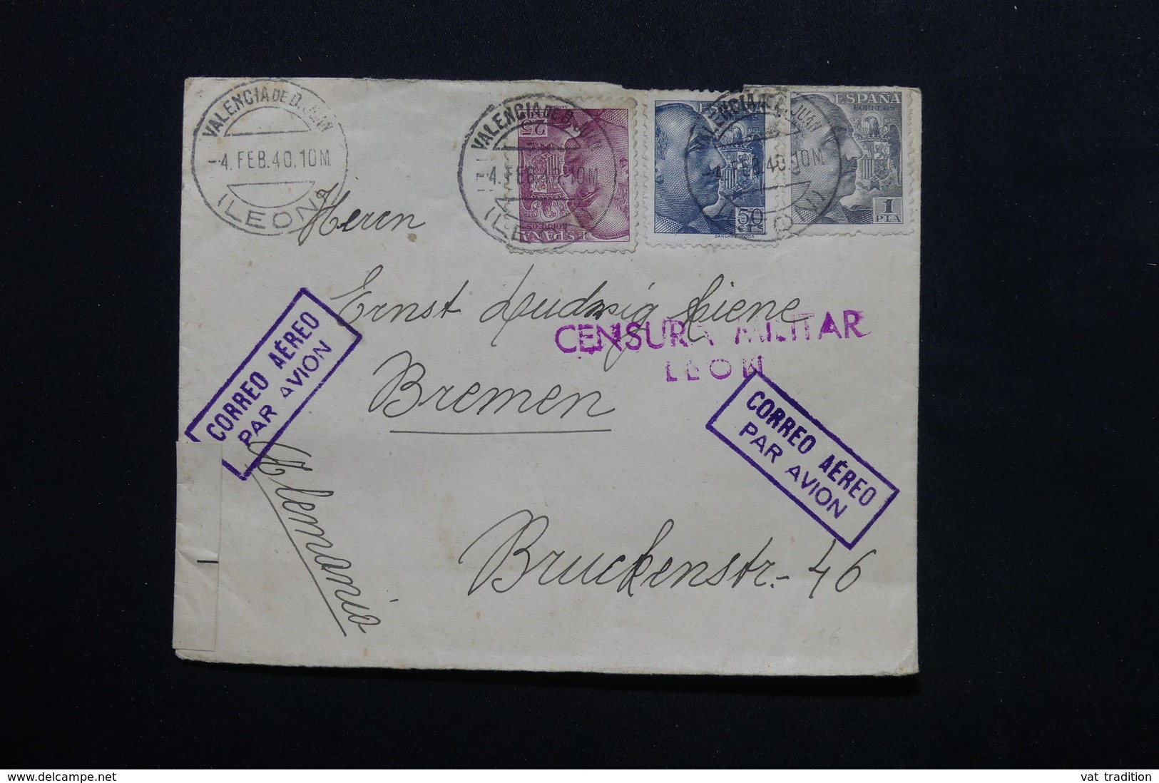 ESPAGNE - Enveloppe De Valencia Pour Bremen En 1940 Avec Contrôles Postaux , Affranchissement Tricolore - L 24771 - Bolli Di Censura Nazionalista