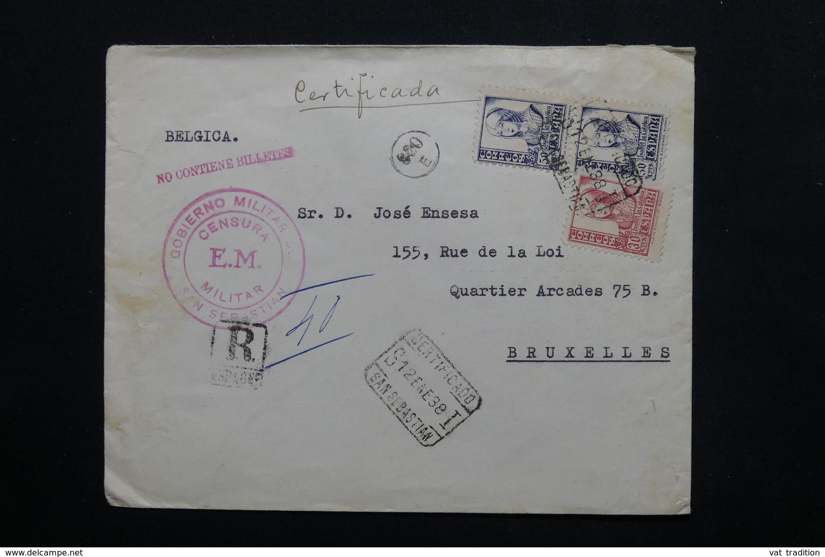 ESPAGNE - Enveloppe En Recommandé De San Sebastian Pour Bruxelles En 1938 Avec Censure Militaire - L 24773 - Republicans Censor Marks