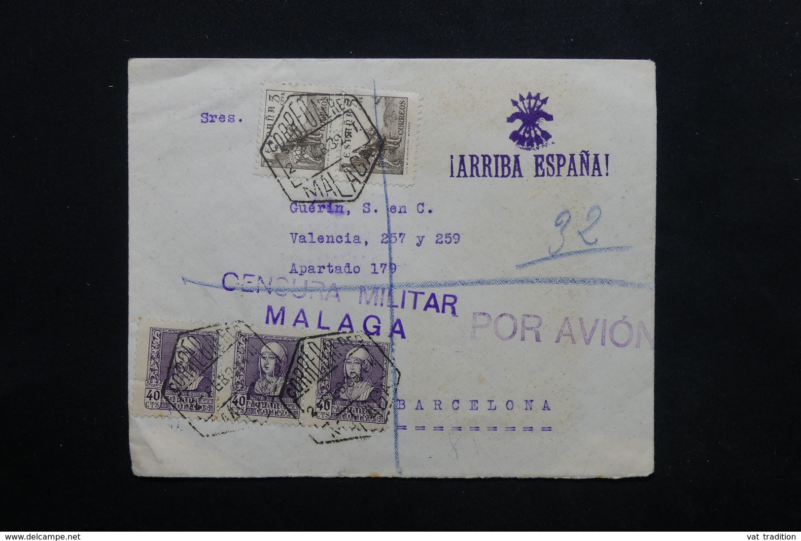 ESPAGNE - Enveloppe Commerciale En Recommandé De Malaga Pour Barcelone En 1939 Avec Cachet De Censure - L 24776 - Marques De Censures Nationalistes