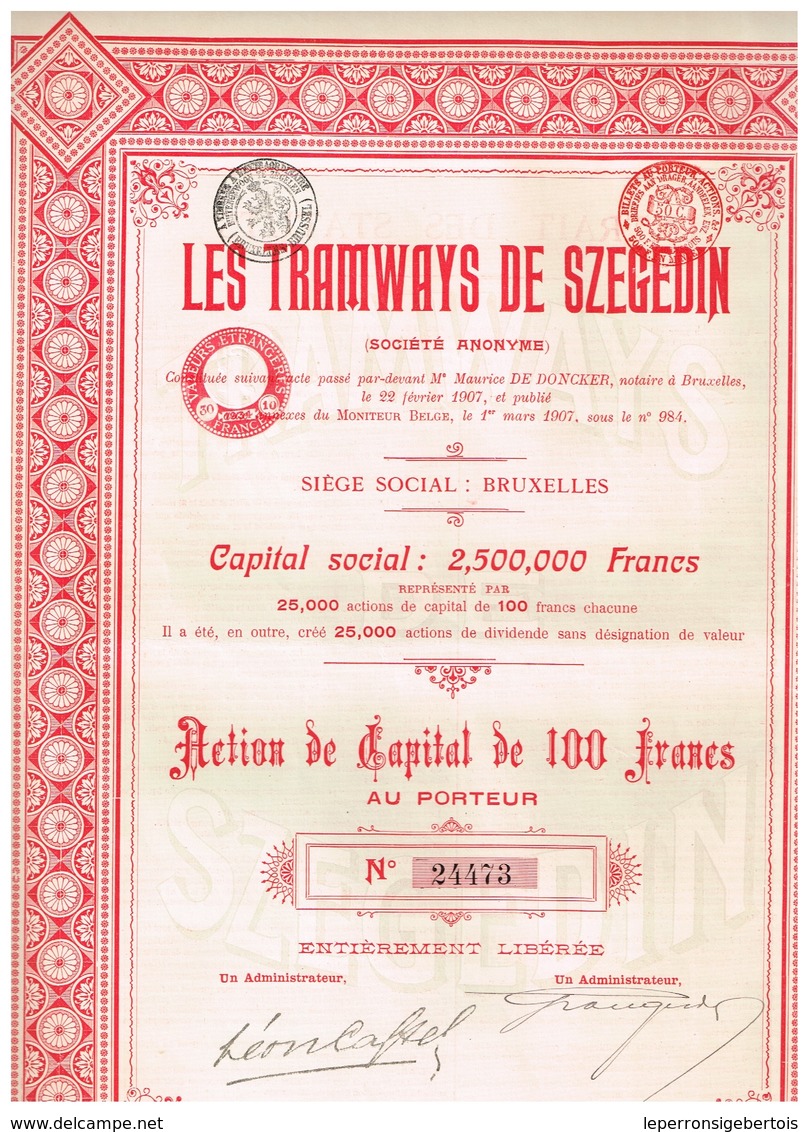 Titre Ancien - Les Tramways  De Szegedin Société Anonyme - Titre De 1907 - Spoorwegen En Trams