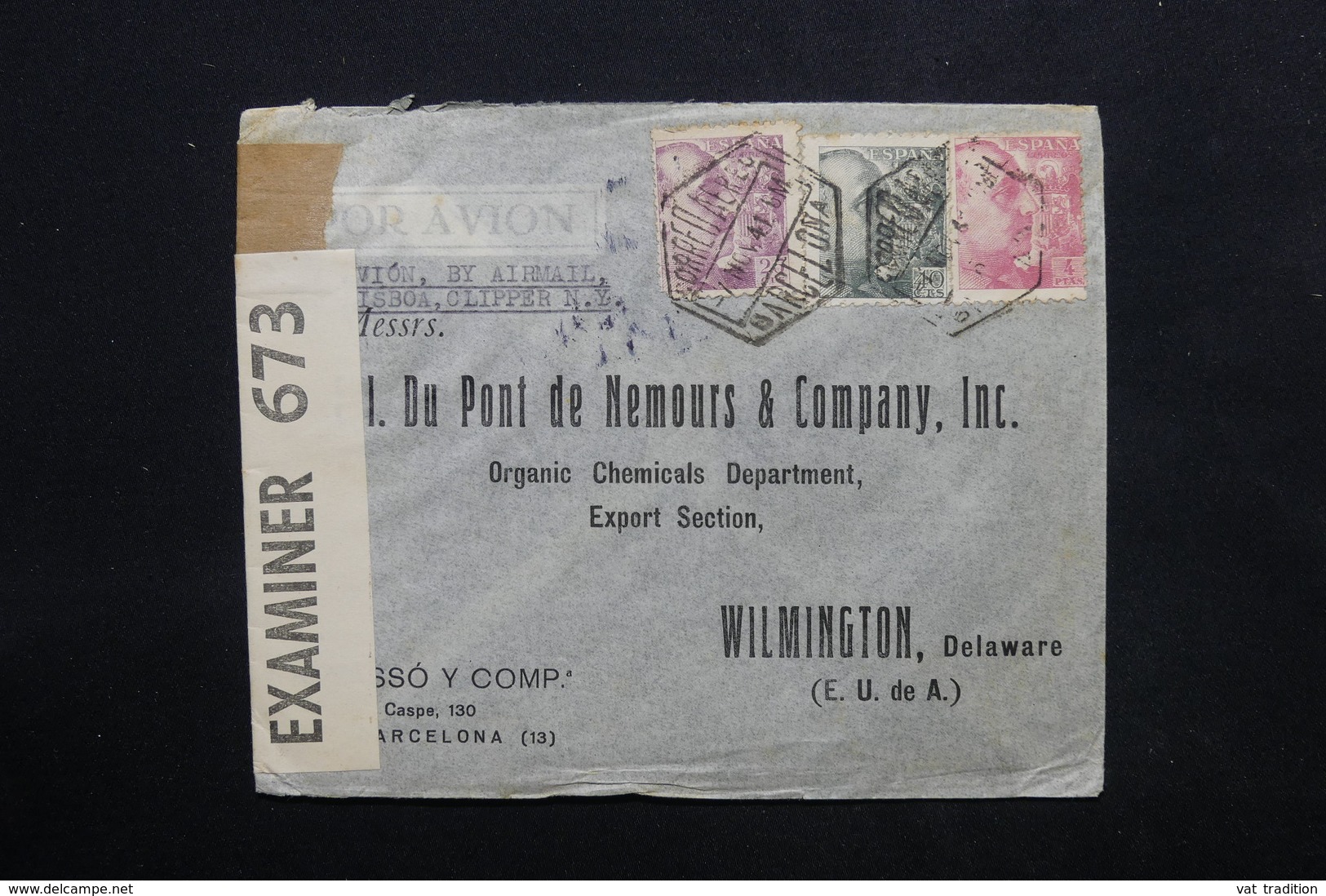ESPAGNE - Enveloppe Commerciale De Barcelone Pour Les Etats Unis En 1941 Avec Contrôles Postaux - L 24778 - Marcas De Censura Nacional