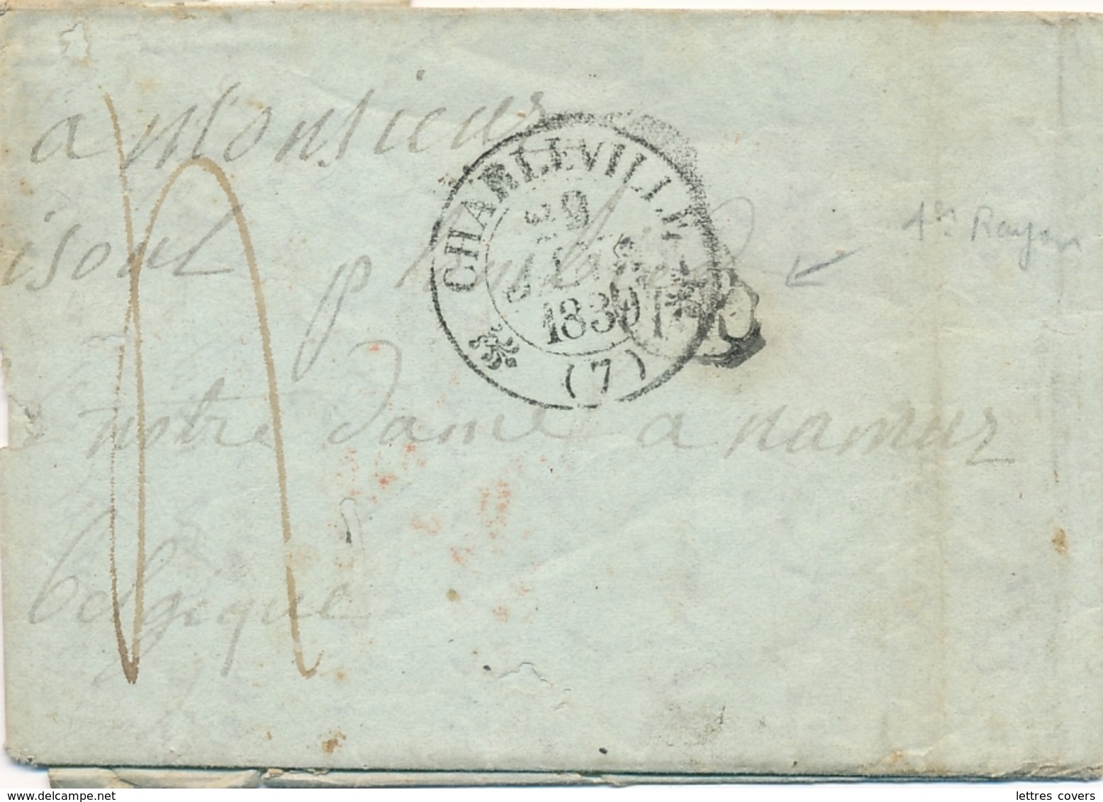 1839 Griffe " APRES LE DEPART " Au Verso Lettre Obl T12 CHARLEVILLE ARDENNES Pour NAMUR - 1830-1849 (Belgique Indépendante)