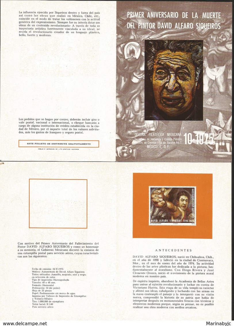 J) 1975 MEXICO, WITHOUT STAMPS, FIRST ANNIVERSARY OF THE DEATH OF PAINTER DAVID ALFARO SIQUEIROS, FDB - Mexico