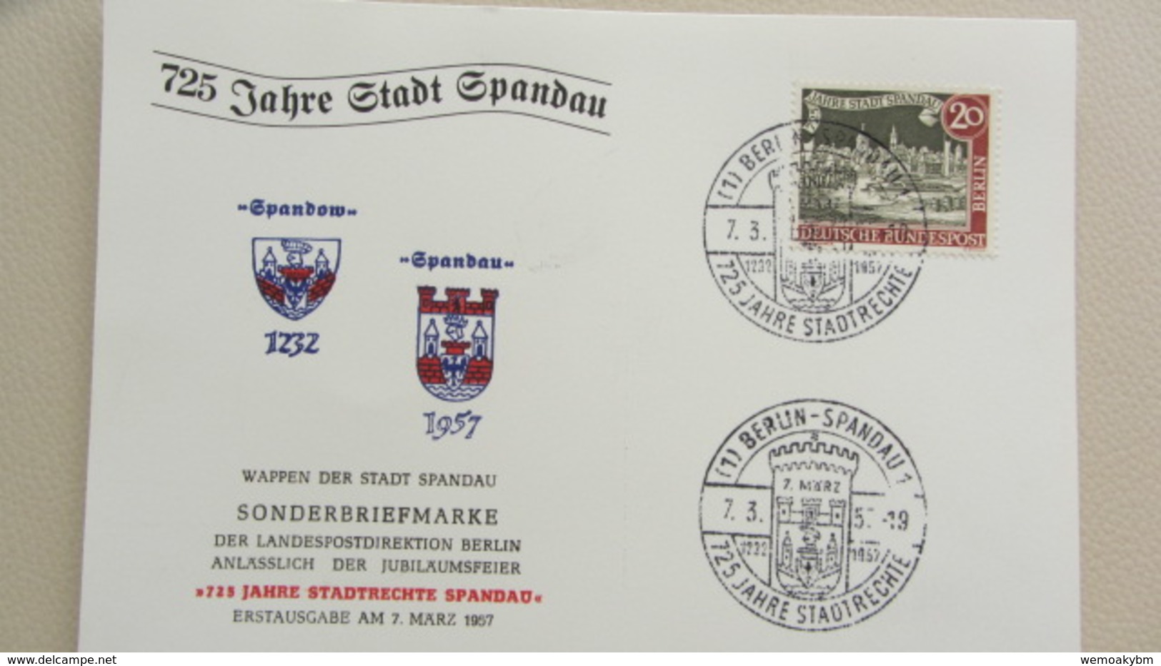 Berlin: FDC-Brief Mit 20 Pf "Stadt Spandau" SoSt. Berlin-Spandau Vom 7.3.57 "750 Jahre Stadtrechte" Knr: 159 - Briefe U. Dokumente