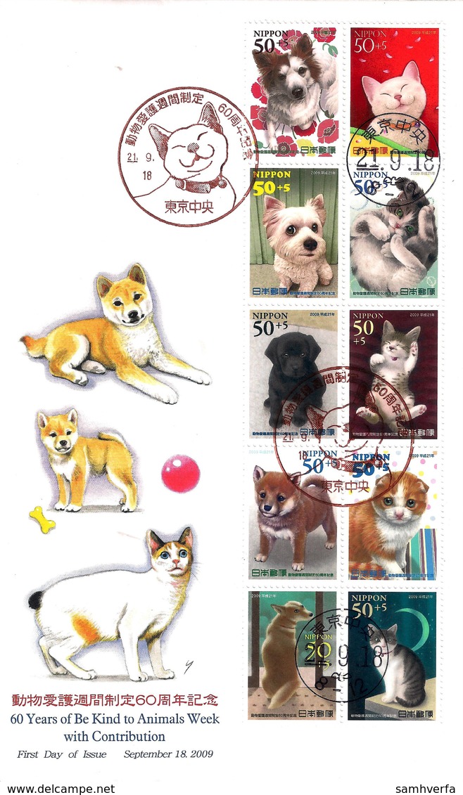 Japan 2009 - Cats And Dogs - FCD Sheet The 60th Anniversary Of Be Kind To Animals Week  Only 600 Sets - Usados