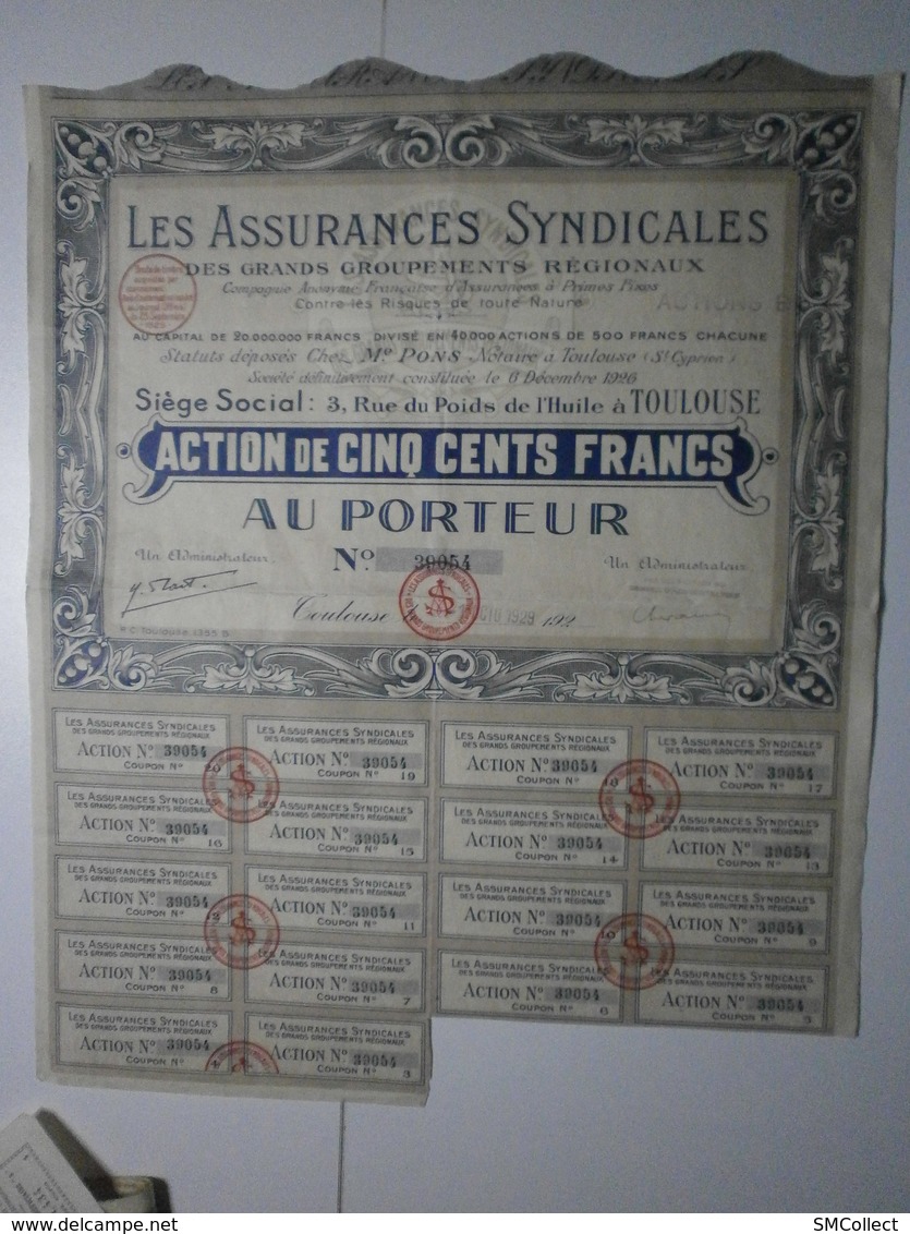 Les Assurances Syndicales Des Grands Groupements Régionaux. Action De 500 Francs 1929 - Oil