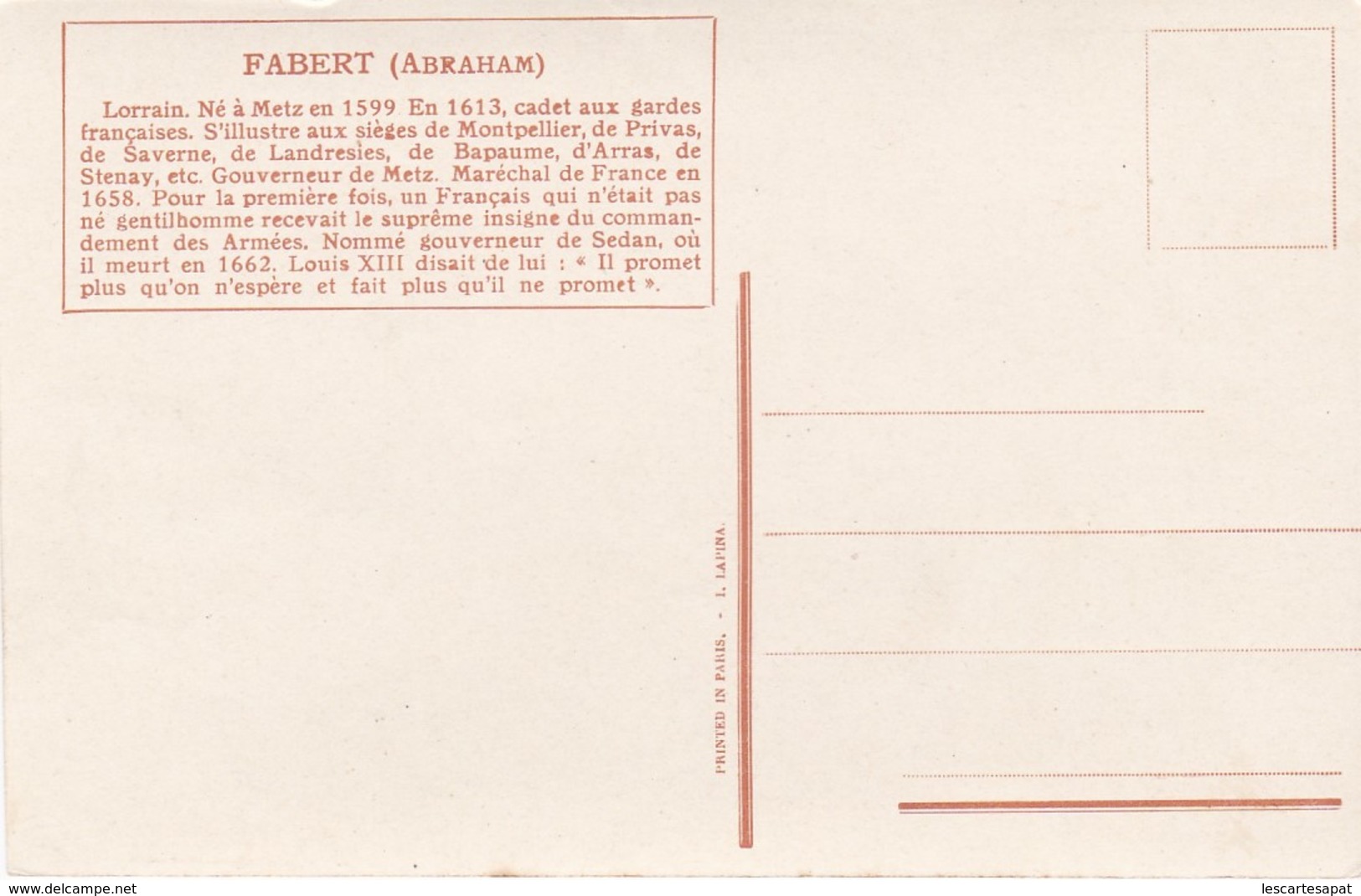 Militaria -FABERT (Abraham) - Illustrateur Vallet (lot Pat 62) - Altri & Non Classificati