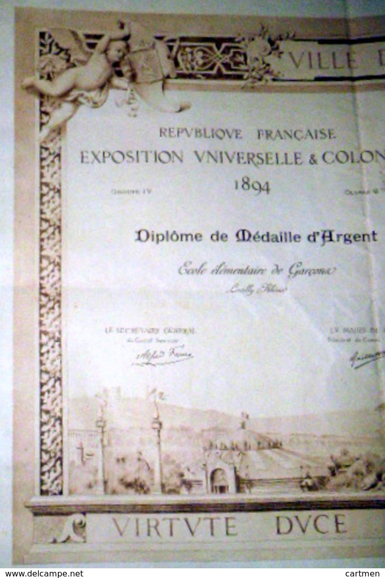 EXPOSITION COLONIALE UNIVERSELLE LYON 1894 DIPLOME MEDAILLE ARGENT LITHO SIGNEE L BARDEY 78 X 55 Cm - Historical Documents