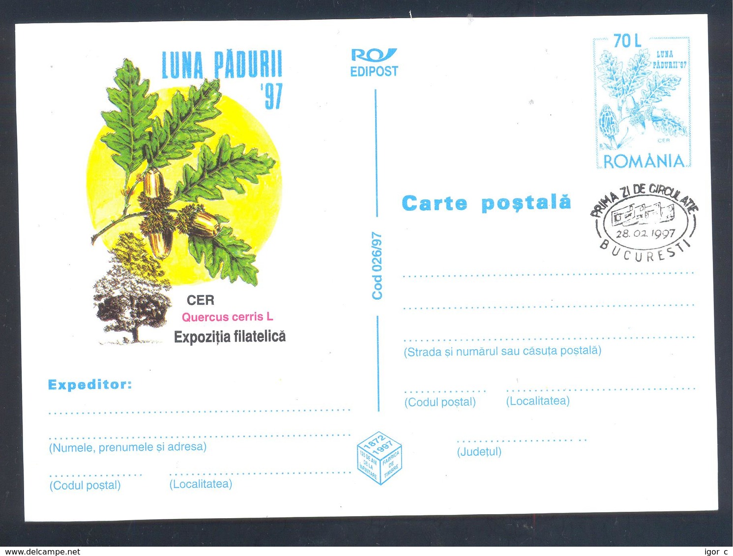 Romania 1997  Postal Stationery Card: Flora Mushroom Pilz Champignon Fungi; Trees Cer (quercus Cerris L.) - Pilze