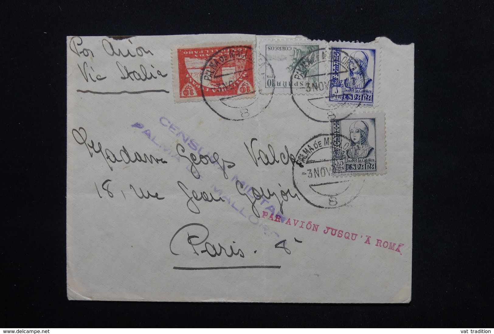 ESPAGNE - Enveloppe De Palma De Mallorca Pour Paris En 1937 Avec Contrôle Postal , Par Avion Via Rome - L 24788 - Republikanische Zensur