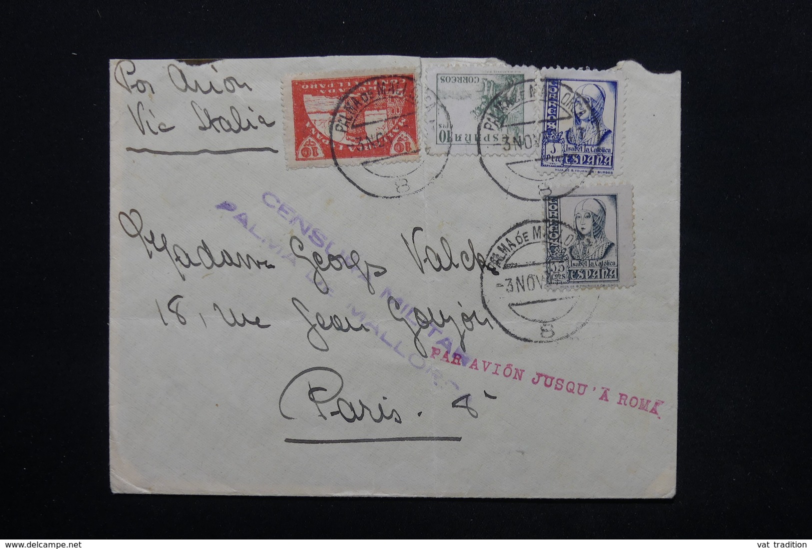 ESPAGNE - Enveloppe De Palma De Mallorca Pour Paris En 1937 Avec Contrôle Postal , Par Avion Via Rome - L 24788 - Republikeinse Censuur