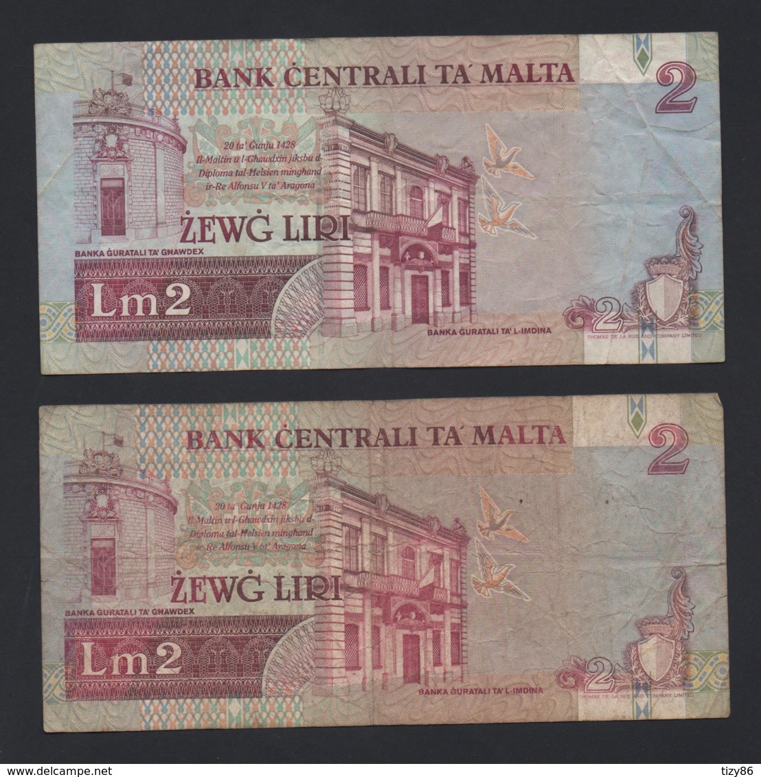 Lotto 2 Banconote Malta 2 Liri 1967 Circolate - Malte