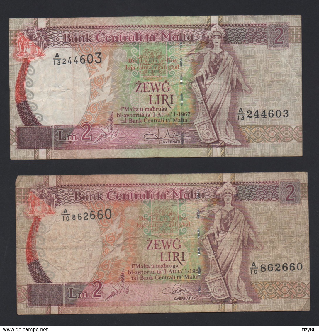 Lotto 2 Banconote Malta 2 Liri 1967 Circolate - Malte