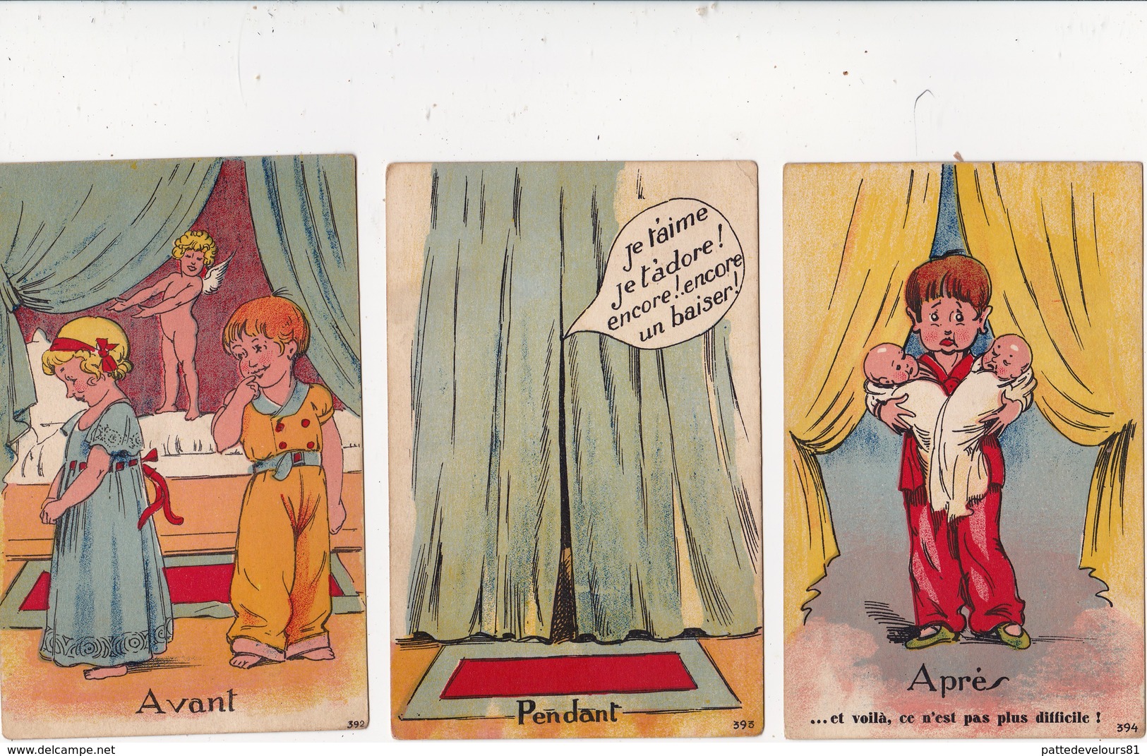 Lot Indissociable De 3 CPA Enfant Ange Angelot Amour Jumeaux "Avant, Pendant, Après" Humour Illustrateur - Cartes Humoristiques