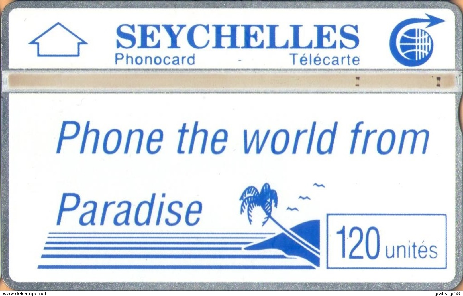 Seychelles - L&G, SEY-12, Phone The World From Paradise (Blue Palm & Slogan), 105H, 4,000ex, 5/91, Used As Scan - Sychelles