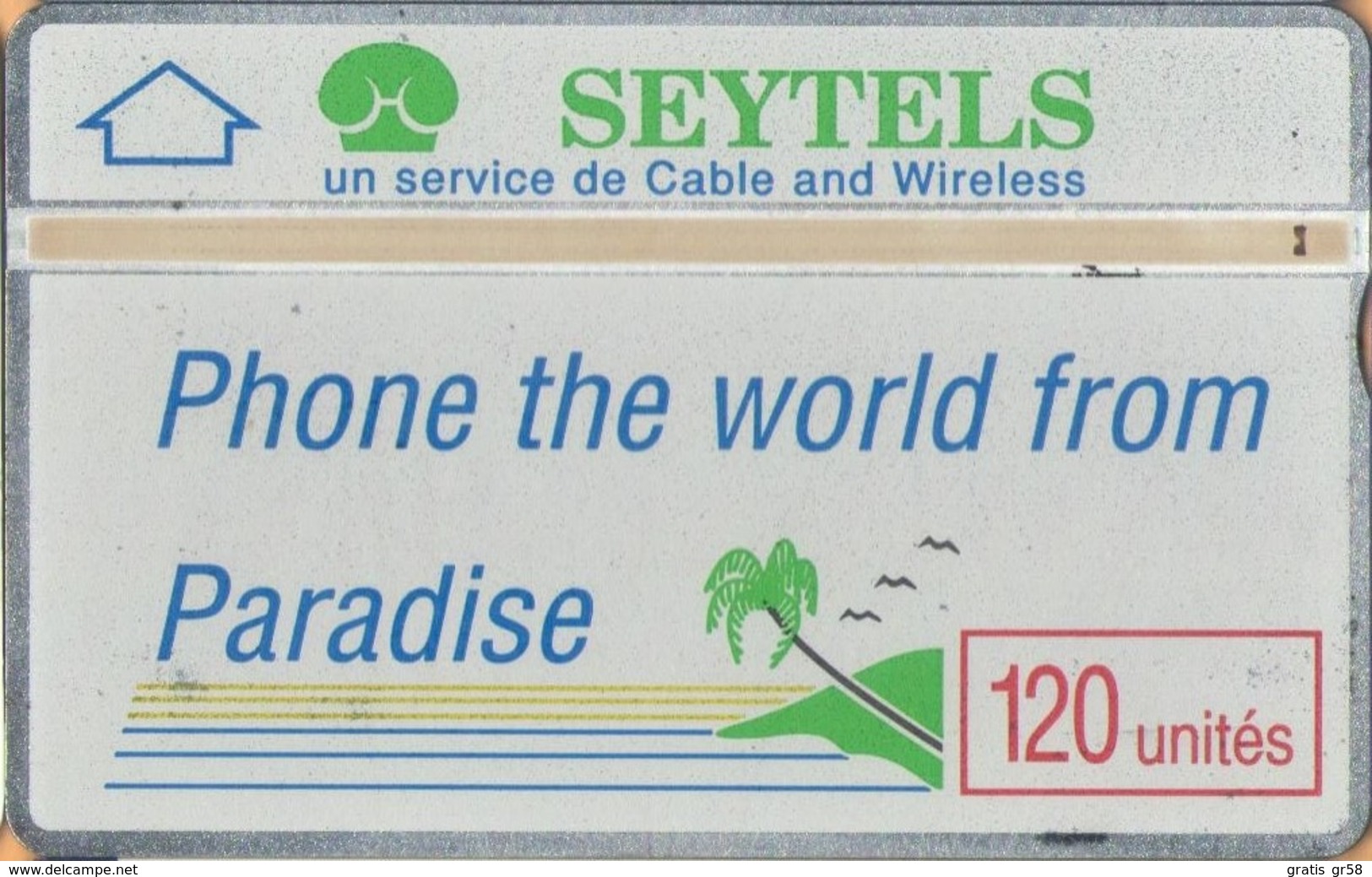 Seychelles - L&G, SEY-03a, Phone The World From Paradise (Green Palm & Blue Slogan), 011E, 4,000ex, 11/90, Used As Scan - Sychelles