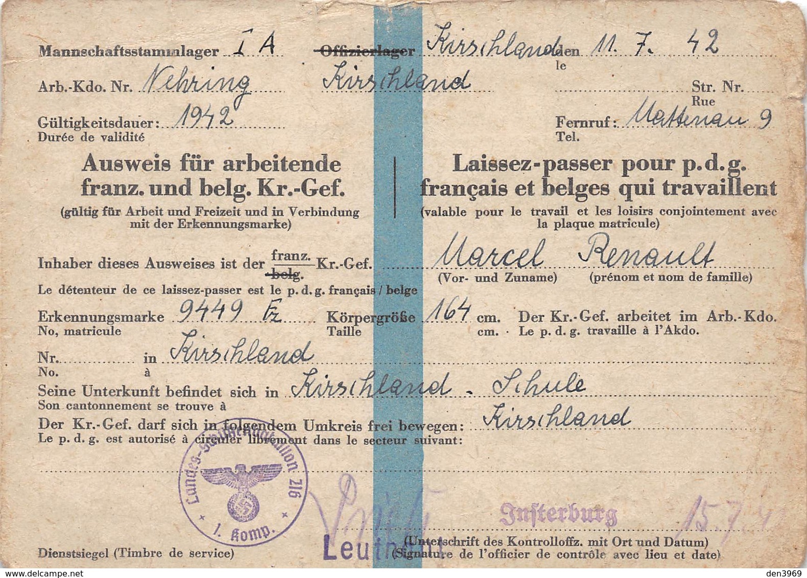 Allemagne - Laissez-passer Pour P.d.g. Français Et Belges Qui Travaillent - Marcel Renault - 2e Guerre Mondiale 1939-45 - Autres & Non Classés