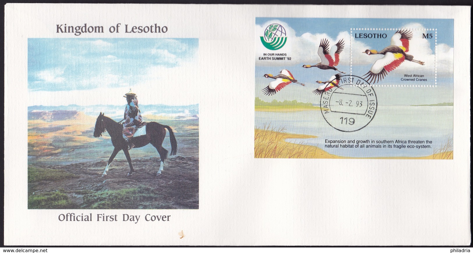 Lesotho, Birds, 1993, S/Sheet On FDC - Gru & Uccelli Trampolieri