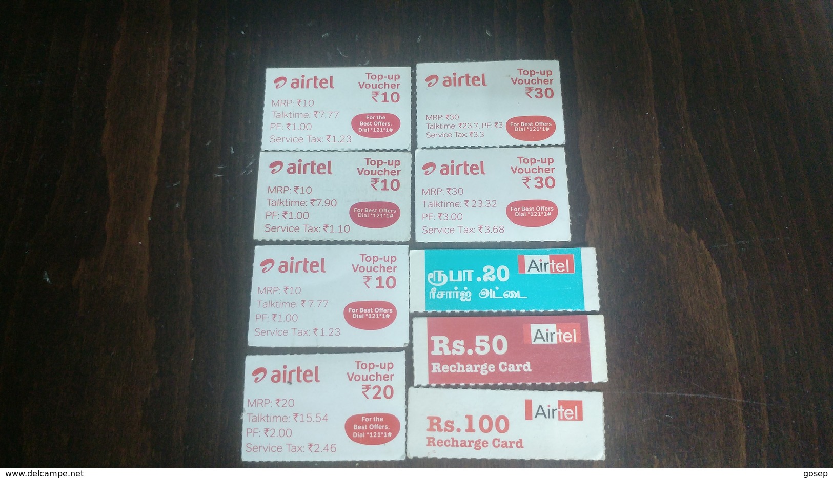 India-airtel Top Up Voucher-(83)(rs.10,20,30,50,100)(9cards)()(look Out Side)-used Card+2 Card Prepiad Free - India